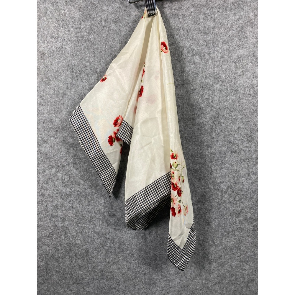 Coach Silk Square Scarf Red Floral Poppy Gingham Checkered Border Cream Black